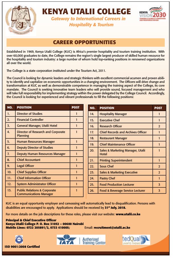 33 Vacancies Open At Kenya Utalii College Youth Village Kenya