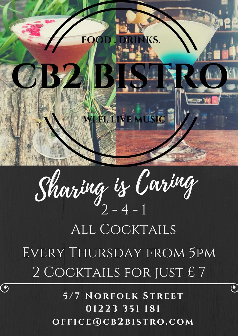 August deals coming next month to CB2!
- Two-for-one cocktails every Thursday from 5PM
- Buy two cocktails, get one free, throughout the week
- Free starter if you buy two mains on a Wednesday
We hope to see you soon as we continue to improve and implement ideas in our restaurant