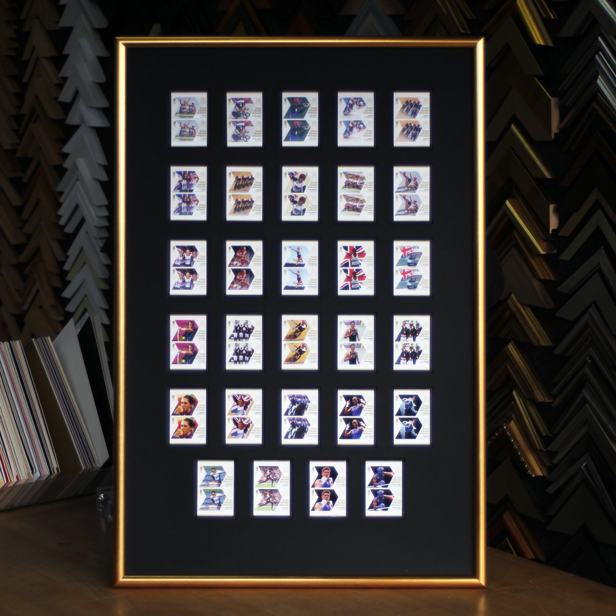 IsisFraming's tweet photo. We think these olympic stamps look incredible enclosed in a matt black mount and gold frame. #olympics #london #stamps #framing #mounting #business #oxford https://t.co/LjZJUb8rNd
