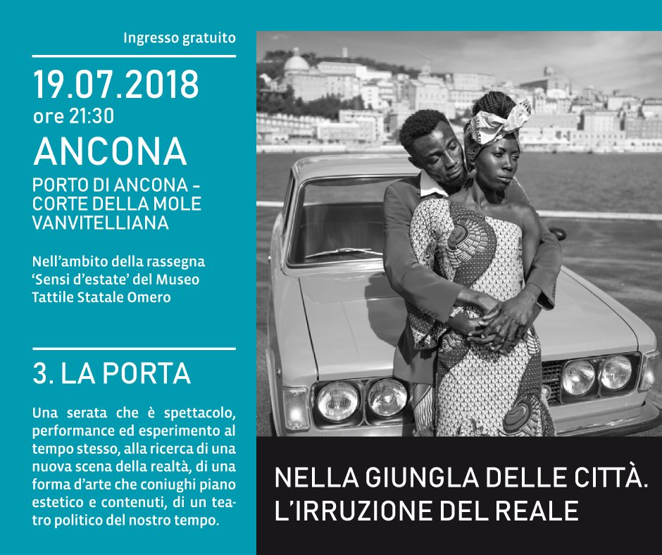 #Nellagiungladellecittà. L'irruzione del reale. LA PORTA 
19 luglio h 21.30 Mole Vanvitelliana #Ancona
#Migarti @MiBACT maltezoo.eu   
<a href="/ComuneAncona/">Comune di Ancona</a> | <a href="/MuseoOmero/">Museo Tattile Statale Omero</a> 

<a href="/vivereancona/">Vivere Ancona</a>  <a href="/viveremarche/">Vivere Marche</a> <a href="/Carlino_Ancona/">Carlino_Ancona</a>  <a href="/anconanotizie/">Ancona Notizie</a> <a href="/IRSAurora/">IRS l'Aurora</a>  <a href="/CasaCulture/">Casa Culture Ancona</a>