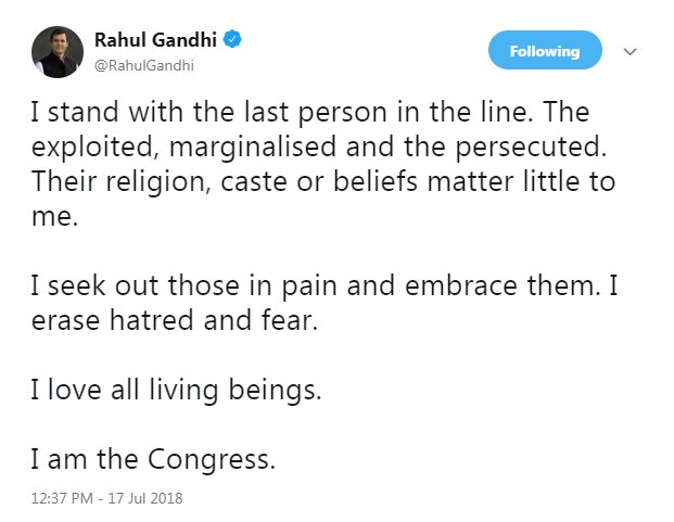 CNNnews18's tweet photo. Congress President @RahulGandhi opens up about allegations of it being a Muslim party; Says "I stand with the last person in the line. Their religion, caste or beliefs matter little to me" | #CongMuslimParty https://t.co/WiKqeO0EQ6