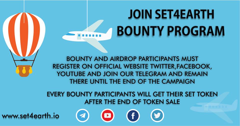 #SaveEnvironmentToken's team is giving away 1 Million SET Tokens (~$190,000) for Bounty programs. The Bounty program will run until the November 4th, 2018.  
For registrations, please follow this link: bit.ly/2udmhjI

Bounty Thread: bitcointalk.org/index.php?topi…
