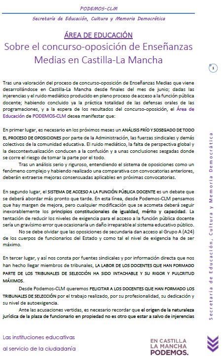 perujocampano's tweet photo. Hemos emitido nota de prensa sobre las #Oposiciones en #CLM Necesitamos hacer una crítica constructiva que mejore el sistema de acceso en defensa siempre de la #EducaciónPública En @CLM_Podemos vamos a trabajar en esa línea, exigiendo objetividad, iguadad, mérito y capacidad. https://t.co/aCjT9Wvkaz