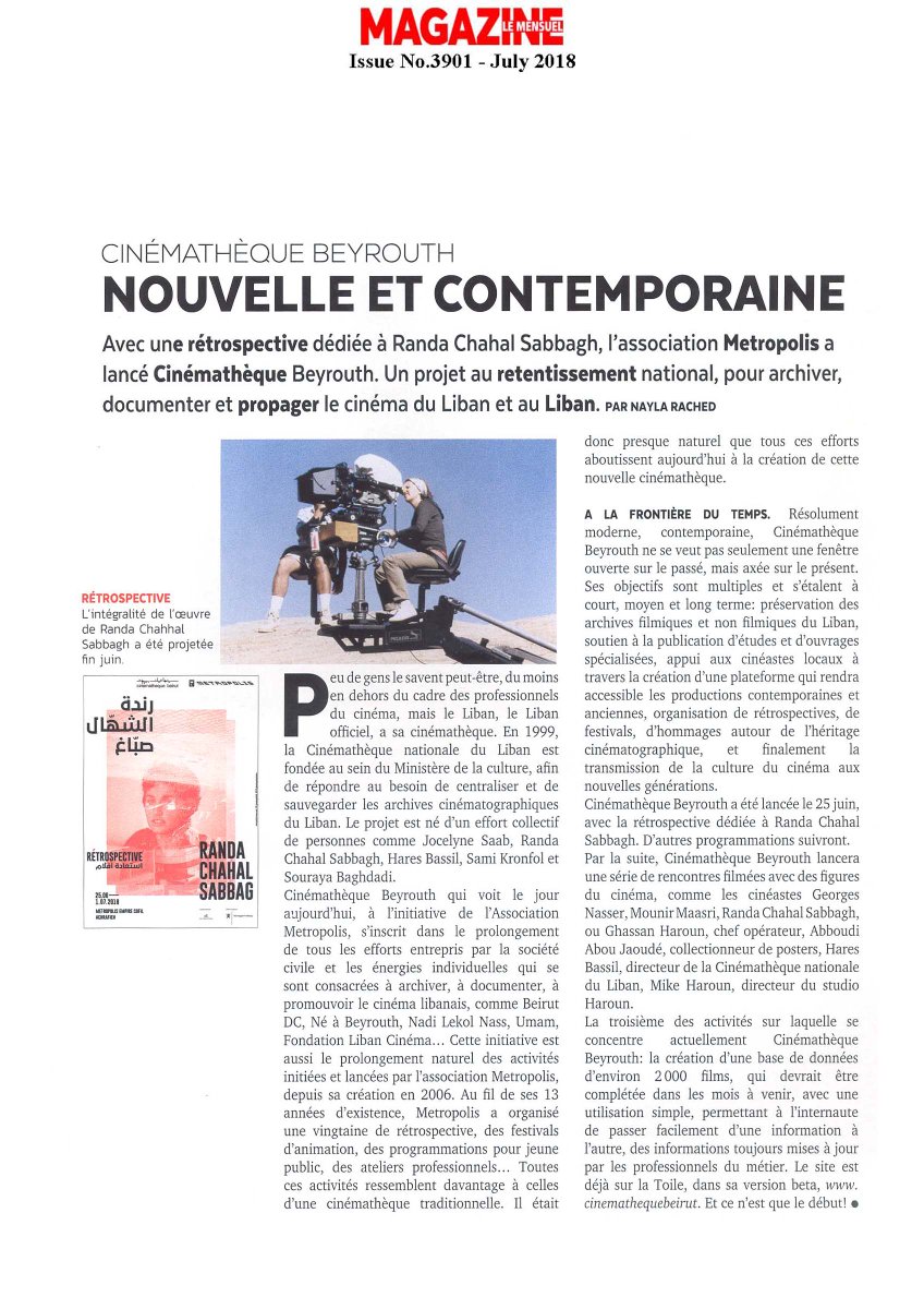 cinemathequebeirut (@cinemathequebei) on Twitter photo "Avec une rétrospective dédié à #RandaChahalSabbag, l’association <a href="/metropolislb/">Metropolis Cinema</a> a lancé #CinemathequeBeirut. Un projet au retentissement national, pour archiver, documenter et propager le #cinéma du #Liban et au Liban." Article par @NaylaRached - <a href="/MensuelMagazine/">Magazine Le Mensuel</a> "Avec une rétrospective dédié à #RandaChahalSabbag, l’association <a href="/metropolislb/">Metropolis Cinema</a> a lancé #CinemathequeBeirut. Un projet au retentissement national, pour archiver, documenter et propager le #cinéma du #Liban et au Liban." Article par @NaylaRached - <a href="/MensuelMagazine/">Magazine Le Mensuel</a>
