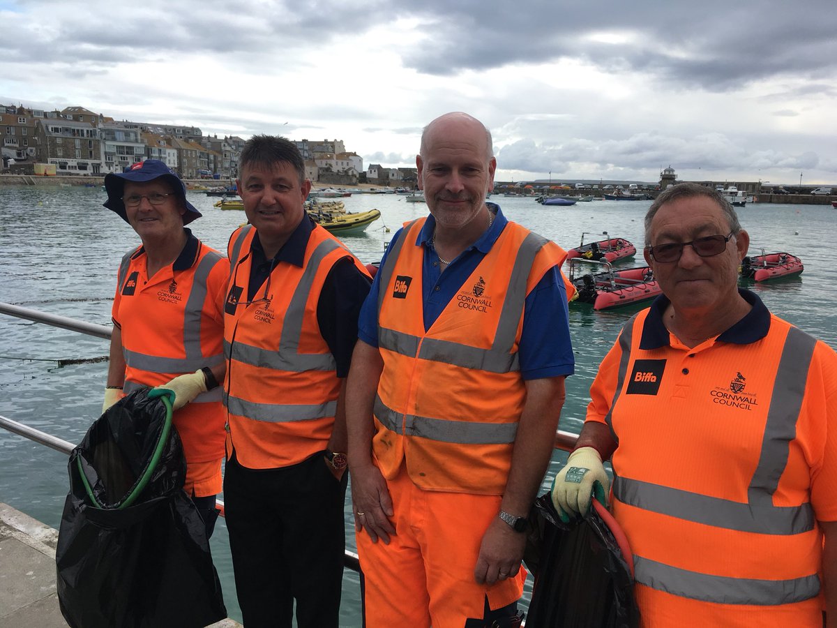 BBCCornwall's tweet photo. Refuse collectors in Cornwall gathered seven tonnes of rubbish from the beaches in Penwith alone last year! They’re out again daily from 0600 on 34 Cornish beaches keeping them clean. Here’s the St Ives team! https://t.co/M7cpBE24LU