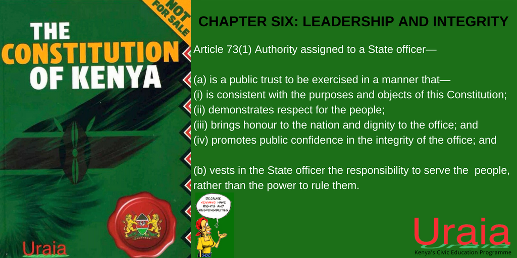 Do you know the #responsibilities of #leadership as enshrined in CoK?

<a href="/CSRGKenya/">The Civil Society Reference Group Kenya</a> <a href="/katibainstitute/">Katiba Institute</a> <a href="/Maskani254/">Maskani Ya Taifa 🇰🇪</a> <a href="/CRECOKenya/">CRECO Kenya</a> <a href="/UKatiba/">Utekelezaji Katiba</a> <a href="/Bulamwa/">Bunge la Mwananchi</a>