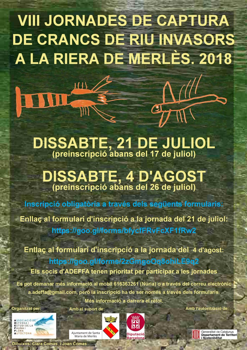 Cons_Llucanes's tweet photo. Avui és l'últim dia per apuntar-se a la jornada de captura de crancs invasors a la riera de Merlès per aquest proper dissabte 21 de juliol!
fes la inscripció aquí 👉 https://t.co/N8l7sTKkex
#ADEFFA https://t.co/R6QVaU6ASx