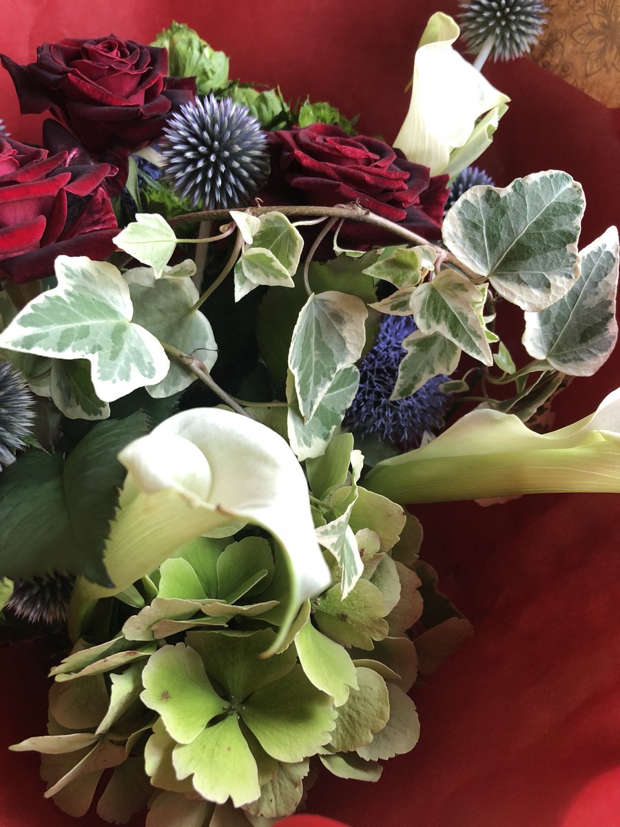 Flower 奥様のお誕生日に 少しでも長く楽しんでもらいたい ドライフラワー向きの花も一緒に 瑠璃玉アザミ 秋色紫陽花 コンキュサーレ