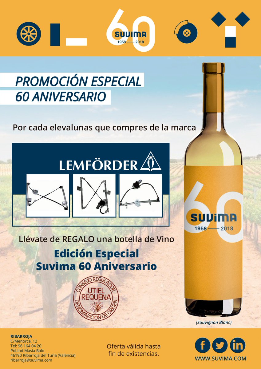 suvimarecambios's tweet photo. Queremos que nuestro aniversario sea especial para ti también, por eso te vamos a regalar una botella edición especial "60 Aniversario"🍷 por cada elevalunas de la marca #Lemforder 😊
https://t.co/eA53ERZn6B #Suvima60Aniversario https://t.co/qdLaUvjxSI