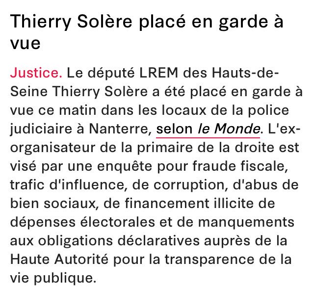 Félicitations à Thierry Solere, premier LREM en garde à vue et une liste longue comme le bras de motifs. LREM, corruption à tous les étages.