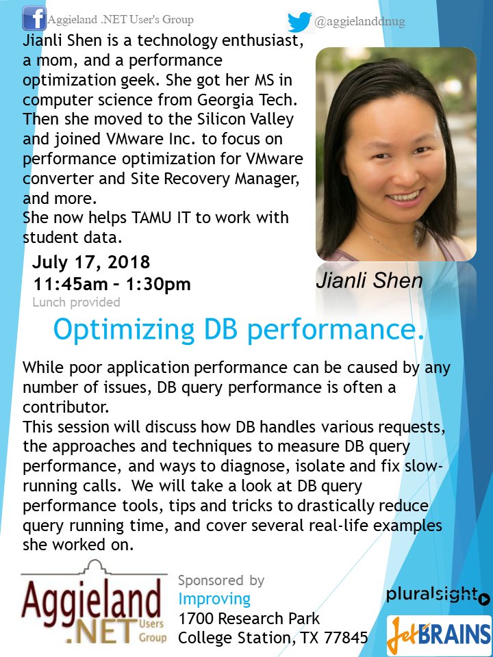 aggielanddnug's tweet photo. Join us for a deep dive into DB query performance optimization with Jianli Shen. 12noon, at @improving College Station, pizza included. https://t.co/53diCs7DFU