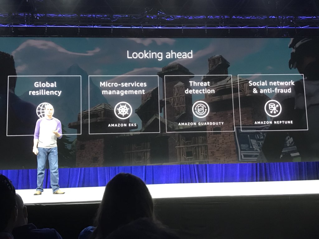 AWSonAir's tweet photo. “We’re looking to scale @FortniteGame globally in the future &amp; we’re using AWS to do that.” #AWSSummit https://t.co/ZZvkcd06So