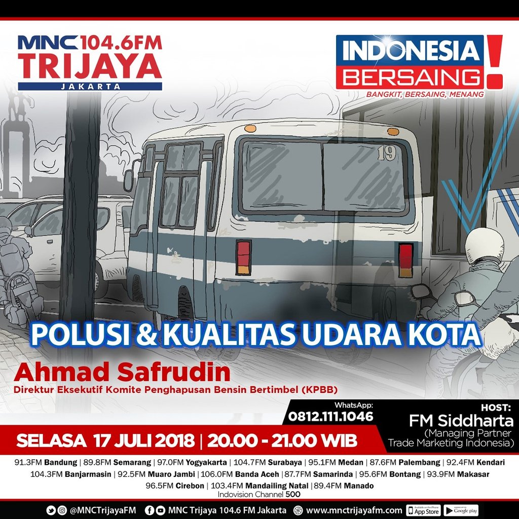 Tahukah Anda?
Bgmn sebenarnya Polusi &amp; Kualitas Udara Kota di Indonesia? 

Yuk, simak detailnya dalam #IndonesiaBersaing malam ini pkl 20-21 WIB

Bersama Ahmad Safrudin (Direktur Eksekutif Komite Penghapusan Bensin Bertimbel (KPBB))

Interaktif :
Sms/WhatsApp ke 0812.111.1046