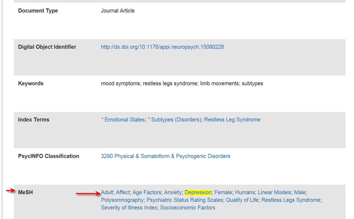 APA_Databases's tweet image. Searching #MeSH from the #APA #PsycNET platform is easy! From the full record display for any record, look for the hyperlinked MeSH terms. Click the link for any MeSH and run a search in PubMED.