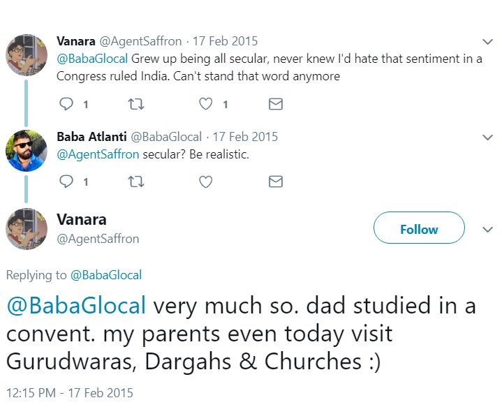 Agent Saffron who says he& #39;s an atheist and "thinks like an Atheist" and that he also "supports Hindutva agenda", constantly cites his parents& #39; "secular" credentials in order to shore up his own credentials. Here& #39;s what he once said to  @BabaGlocal, a true secular atheist: