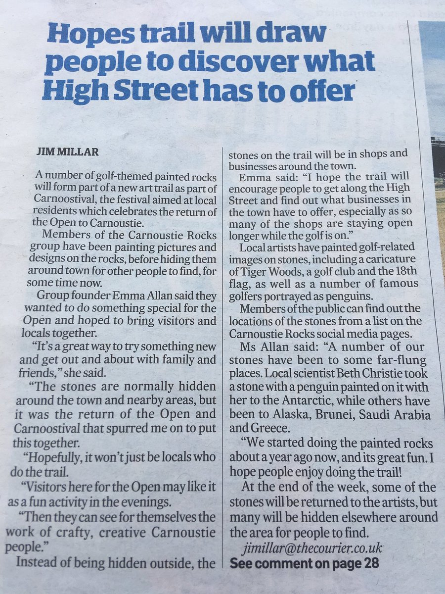 CarnoustieRocks's tweet photo. Fantastic wee article in the @thecourieruk this morning about our #CarnoostivalRocksArtTrail hopefully it will encourage both Carnoustie folk &amp; visitors to the #TheOpen in to see what Carnoustie has to offer!! @Hellocarnoustie @ourcarnoustie @TheOpen https://t.co/ERCG73kCrz