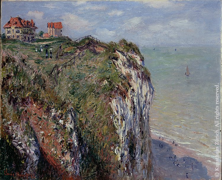 NationalGallery's tweet photo. Monet painted this view of Dieppe in Normandy in 1882. He used the buildings to stress the human imposition on nature by contrasting their brightly tiled orange roofs with the green grass. See this and over 75 other works by Monet in #MonetArchitecture: https://t.co/YEv71cFm6z https://t.co/RqkItd1PfN