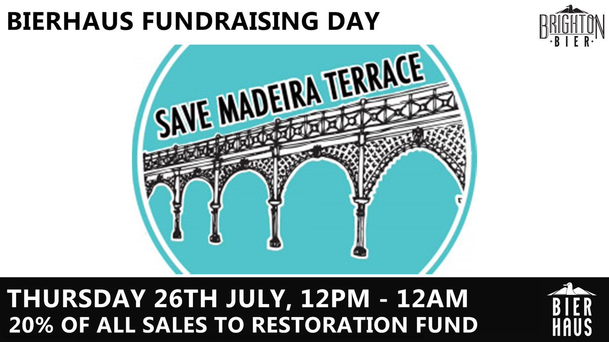 BrtnBierhaus's tweet photo. Hey all you lovely #Brighton people. Its #fundraising day at @BrtnBierhaus on 27th July for #SaveMadeiraTerrace
This is such an important project so please come and get involved.  We're donating 20% of all day's sales to the restoration fund. 
All you have to do is buy a drink(s) https://t.co/4Xb1im1h1Q
