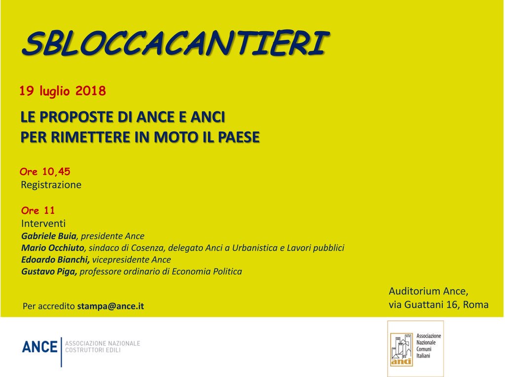 ancenazionale's tweet photo. #sbloccacantieri Le proposte #Ance e #Anci per rimettere in moto il Paese. Giovedì 19 luglio alle ore 11:00 #savethedate @comuni_anci https://t.co/7WTBGEppMc