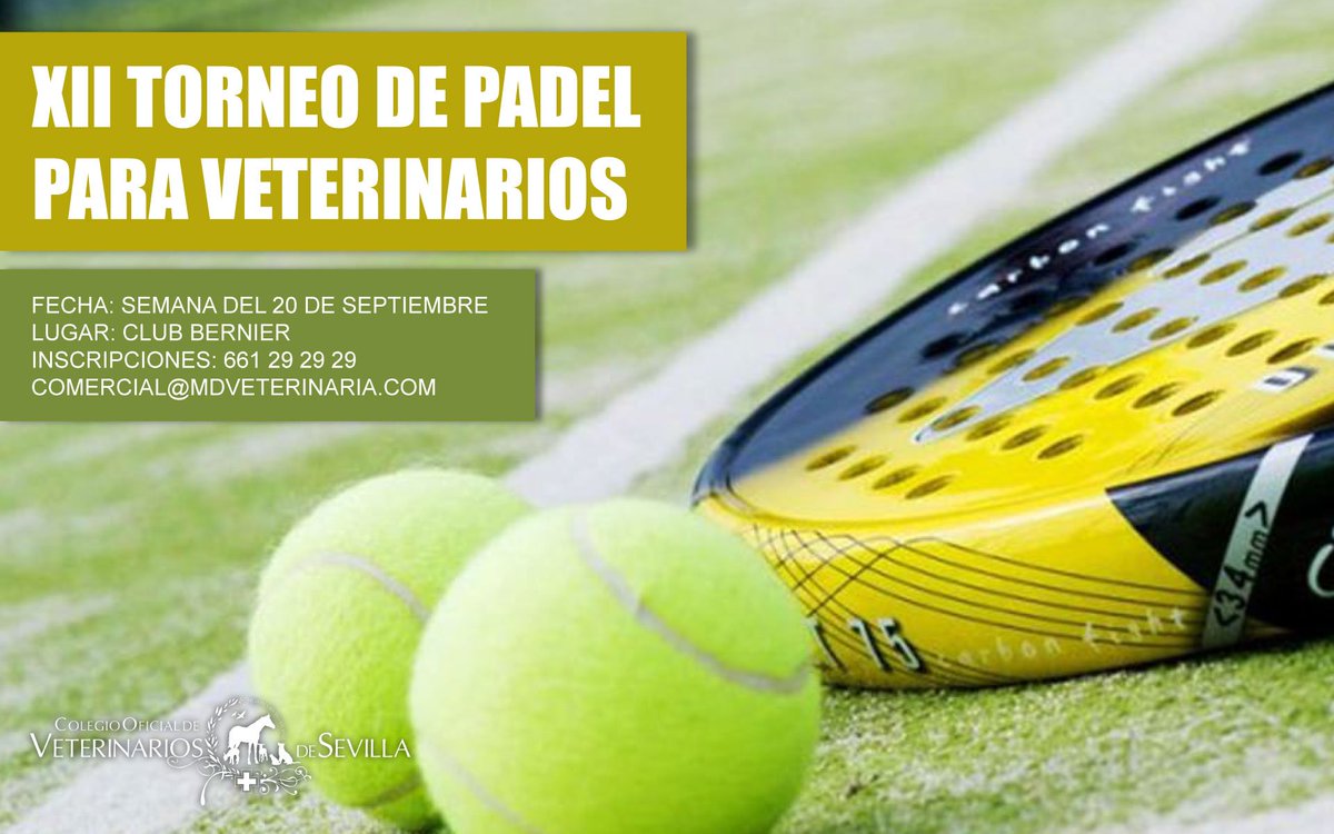Inscríbete al “XII Torneo de #Padel para #Veterinarios” que se celebrará la semana del 20 de Septiembre en el <a href="/ClubBernier/">Club Bernier</a>. Aunque no compitas no puedes perdértelo. Más información: comercial@mdveterinaria.com o llamando al 661 29 29 29 ¡Os esperamos! #Sevillahoy #TDSdeporte