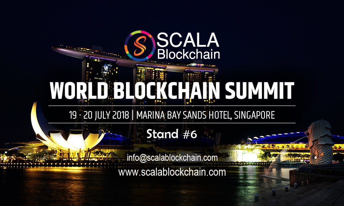 scalablockchain's tweet photo. We're proud to announce that we're exhibiting our company and products at the #WorldBlockchainSummit at #Singapore during 19th &amp; 20th of July, 2018.

We hope to see  you there!

- Team Scala

#ScalaBlockchain #Blockchain #Cryptocurrency #Announcement https://t.co/AsMHsCQFNE