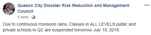 ANCALERTS's tweet photo. @PIA_RIII QUEZON CITY | #WalangPasok in all levels, public and private, on Wednesday, July 18, 2018 due to #HenryPH | via Quezon City Disaster Risk Reduction and Management Council FB https://t.co/tvzCwMNWXr