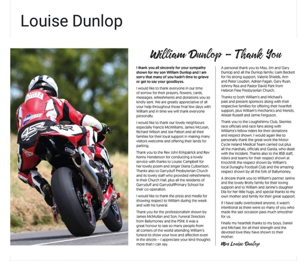 Message of thanks from William Dunlop’s mum Louise.