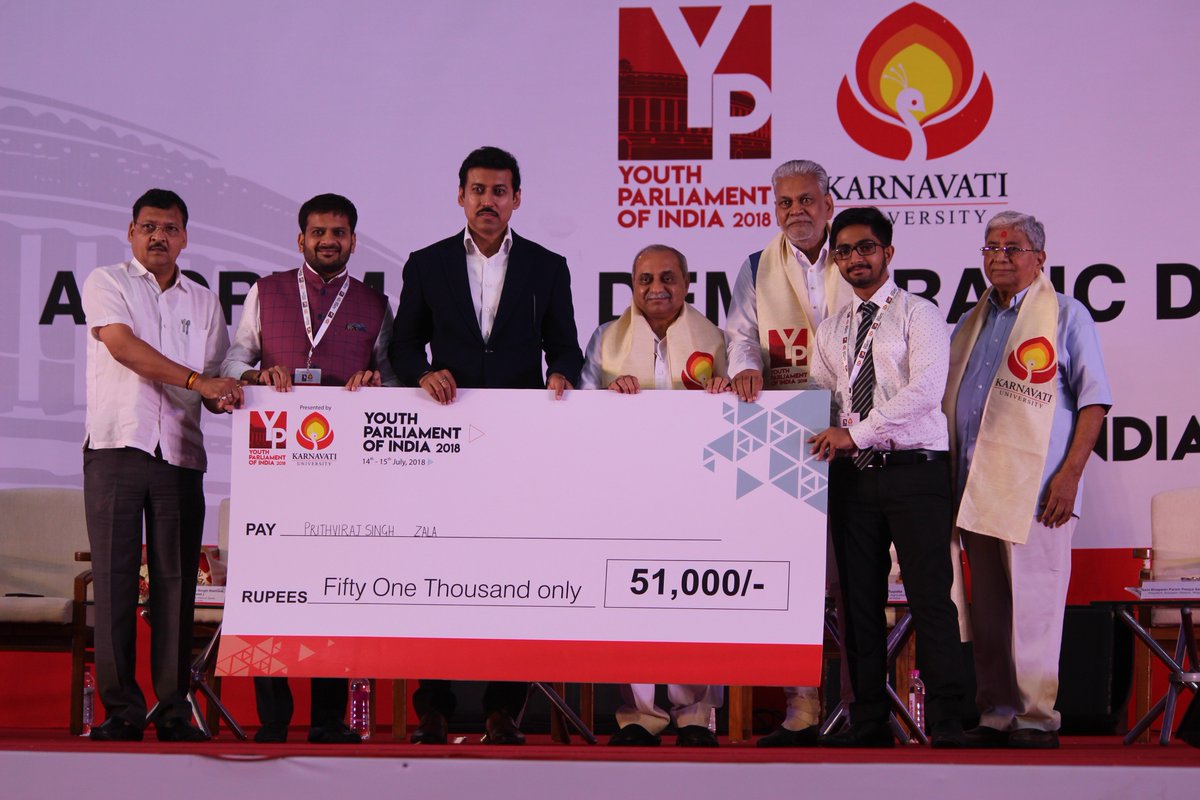 YPIndia_KU's tweet photo. #YouthParliament Student Speaker - Prithvirajsinh Zala (@ILNUOfficial) was declared winner for the subject of 'de-addiction and control policies'. Congratulations! #YP2018
He was felicitated with a trophy and cash prize of Rs 51,000/-
@Ra_THORe @Nitinbhai_Patel @PRupala https://t.co/5BeDVo13ra