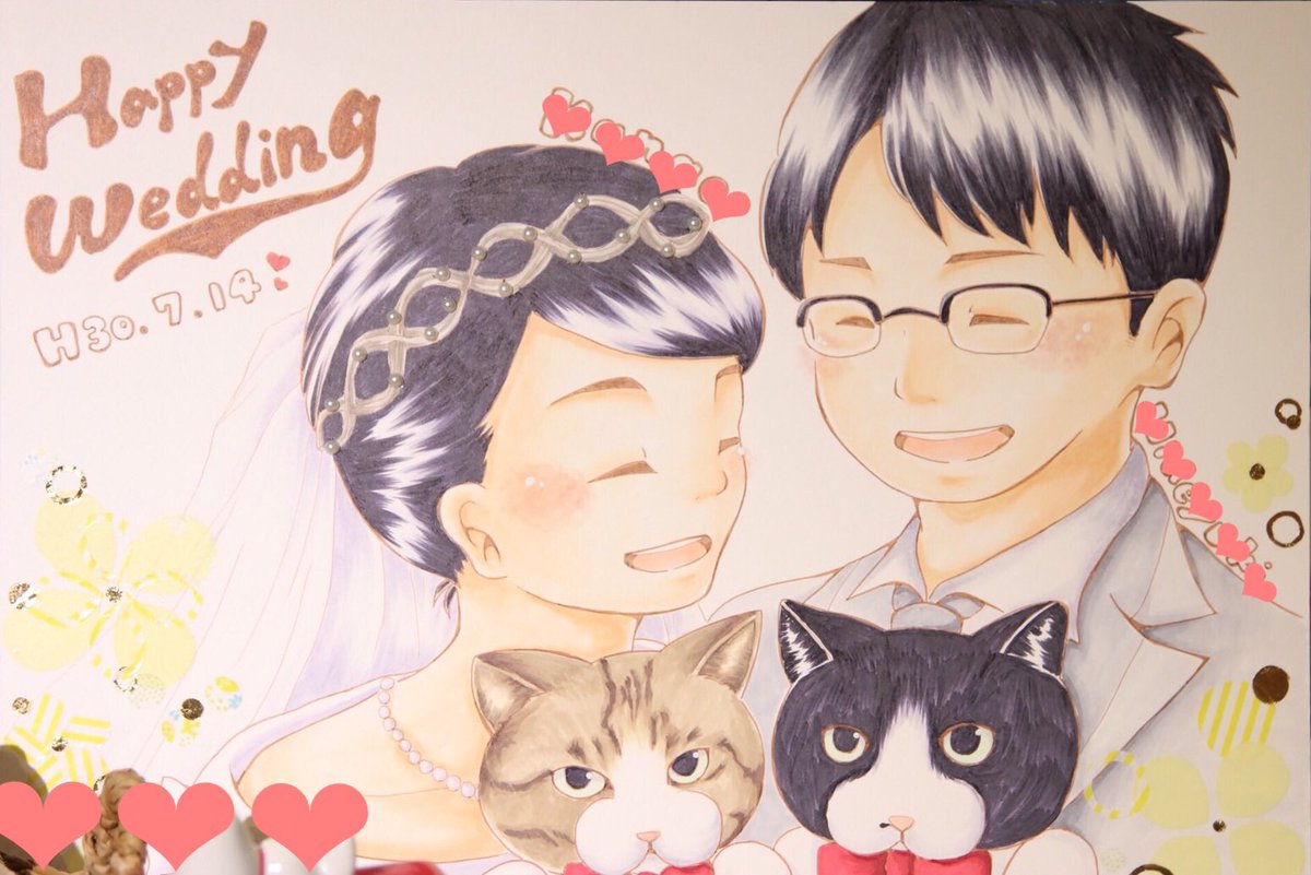 Namida R ウェルカムボードのご依頼 ご結婚おめでとうございます 猫ちゃんもおめかし 末永くお幸せに ウェルカムボード イラスト ネコ 猫 おめでとう オーダー Wedding 似顔絵 手書き 結婚式 T Co qimtvfdu