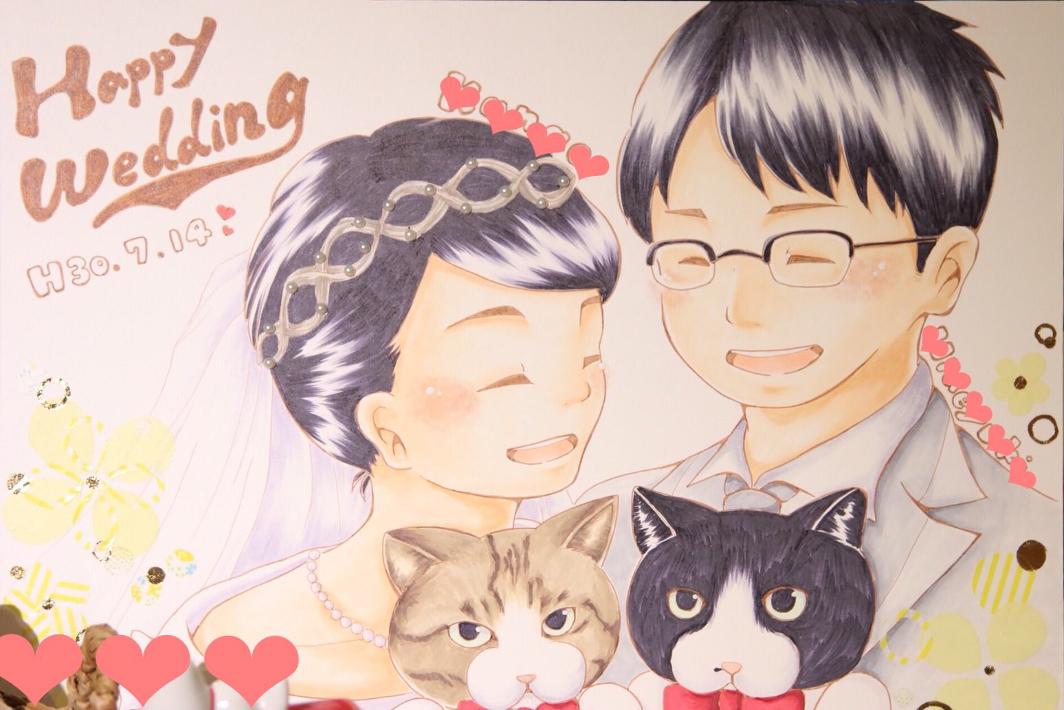 Namida R ウェルカムボードのご依頼 ご結婚おめでとうございます 猫ちゃんもおめかし 末永くお幸せに ウェルカムボード イラスト ネコ 猫 おめでとう オーダー Wedding 似顔絵 手書き 結婚式 T Co Nym0fengmc