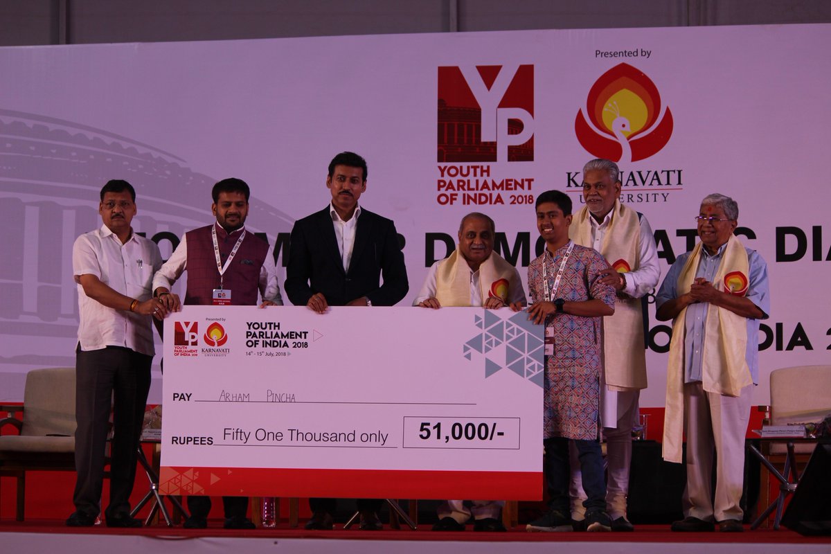 YPIndia_KU's tweet photo. #YouthParliament Student Speaker - Arham Pincha (Amrut Mody School of Management) was declared winner for the subject of 'One Nation, One Election'. Congratulations! #YP2018
He was felicitated with a trophy and cash prize of Rs 51,000/-
@Ra_THORe @Nitinbhai_Patel @PRupala https://t.co/qIkrbgqix9