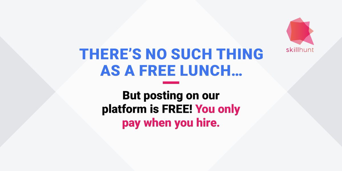 skillhunt_io's tweet photo. There's no such thing as free lunch… But posting on our platform is FREE! You only pay when you hire.
That's a good reason to find out more so visit https://t.co/Gf64iXShdR
#freelunch #huntright #jobpost #payonhire #startup https://t.co/GhwyNjRxKS