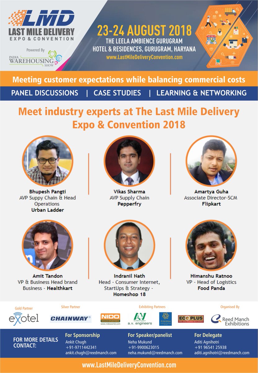Meet industry experts at #LMD2018 from Aug 23-24 at Hotel Leela, Gurugram. Call now to Join 9654125938 or register at bit.ly/LMD18  #lastmile #delivery #logistics #supplychain #paneldiscussions #speakers #learning #knowledgeplatform #conference <a href="/LMD_Expo/">@LMD</a> @i_ankitchugh