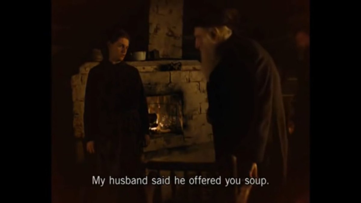 The situation becomes more ominous when the man explains he invited the person to their home. For soup. At that moment, there's a loud knocking at the door and in comes the person, who is immediately confronted by the wife.