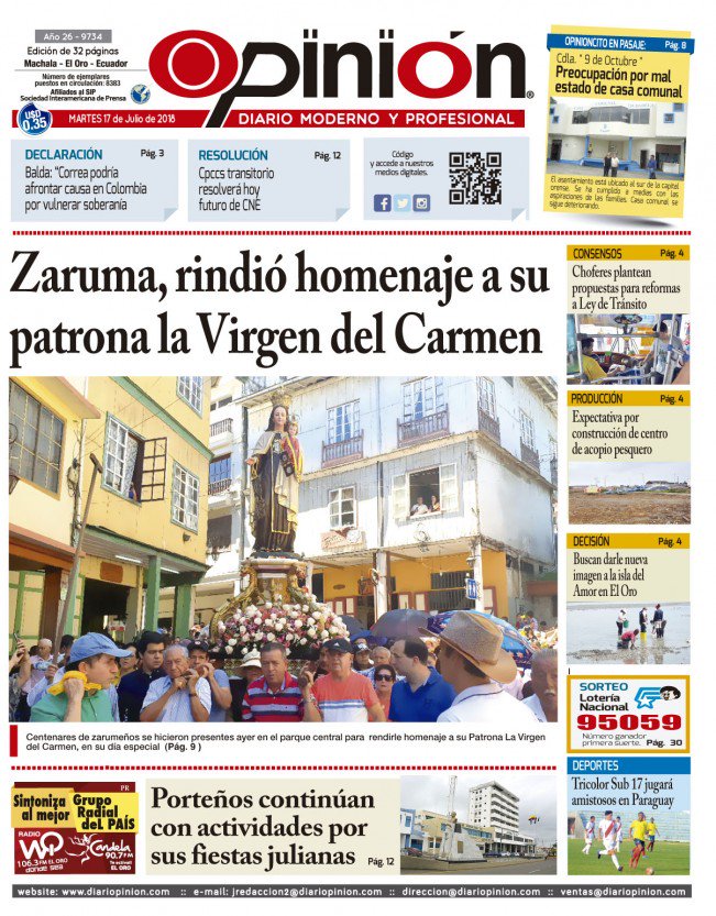 diariopinion's tweet photo. #Zaruma #Martes #Portada #DiarioOpinion #Noticias
Zaruma, rindió homenaje a su patrona la Virgen del Carmen, revisa más noticias en https://t.co/RrxEkELa4H https://t.co/Y4ziUyXfJO