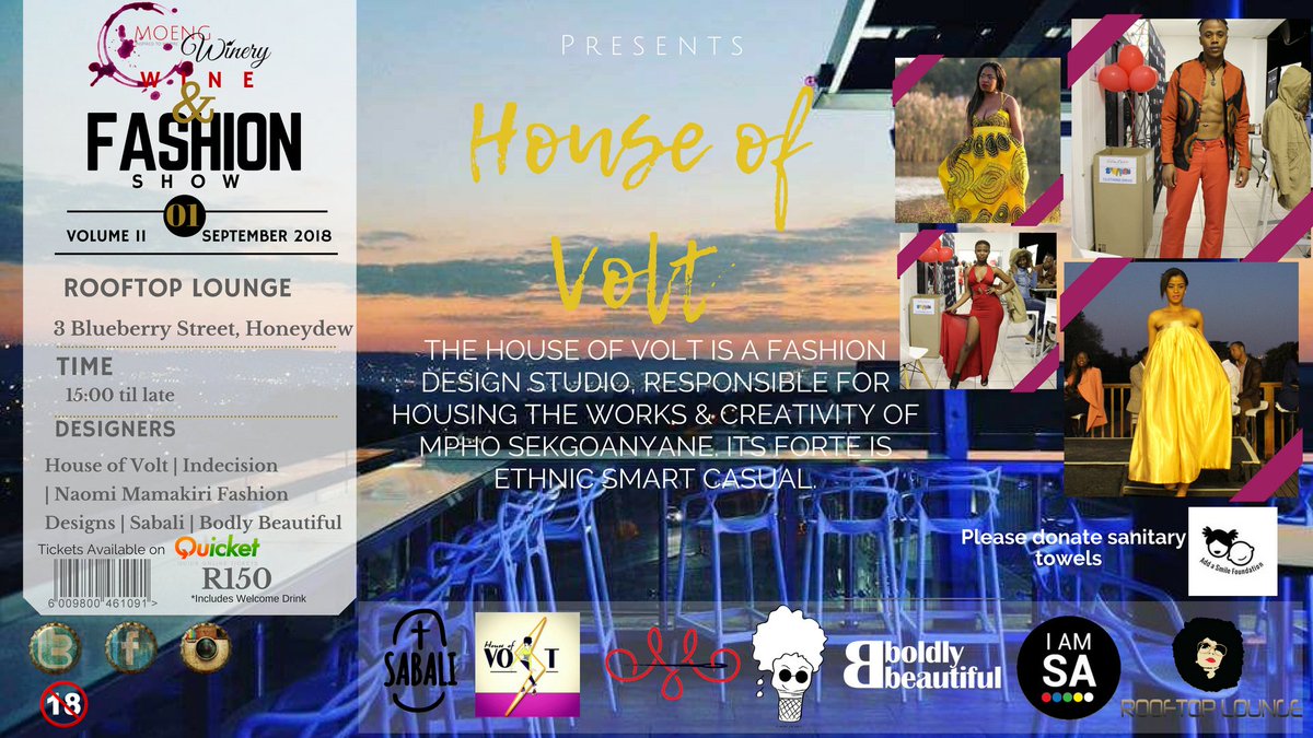 MoengWinery's tweet photo. #WF2018 Meet one of our designers @mphovolt who will be showcasing their range at @soulcafe_sa 

Don't forget to get your tickets before it's too late #WineFashion18

cc @IAMSASFF  @ArtizenofJoburg https://t.co/8XXSkFvNFQ