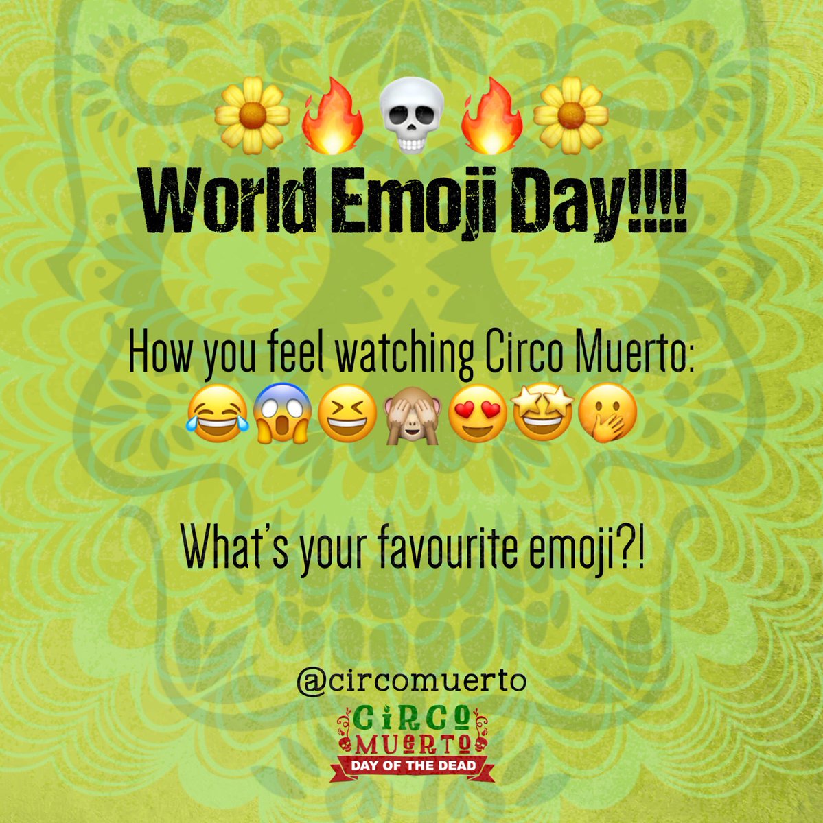 CircoMuerto's tweet photo. World emoji day! Which is your favourite emoji? 
We think it’s about time we had a sugar skull on the keyboard!!! #circomuerto #worldemojiday #worldemojiday2018 #emoji #whichisyourfavourite #emotions #showtime #skull #alternative #dayofthedead #dayofthedeadshow #diadelosmuertos https://t.co/s5mVQZ9HtA