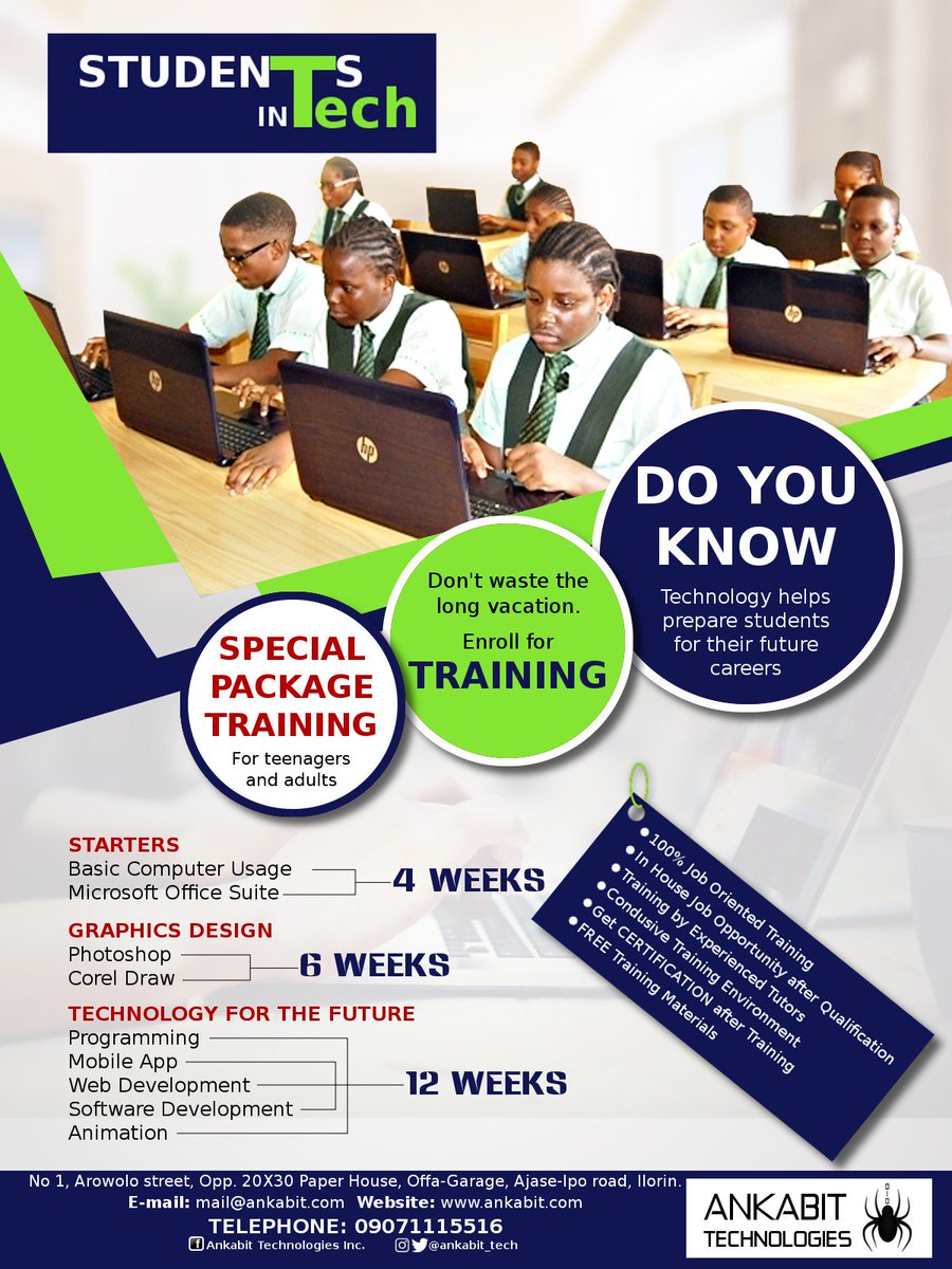 Do you know Technology helps prepare students for their future careers?
Enroll for our #studentsintech TRAINING program.
#ICT