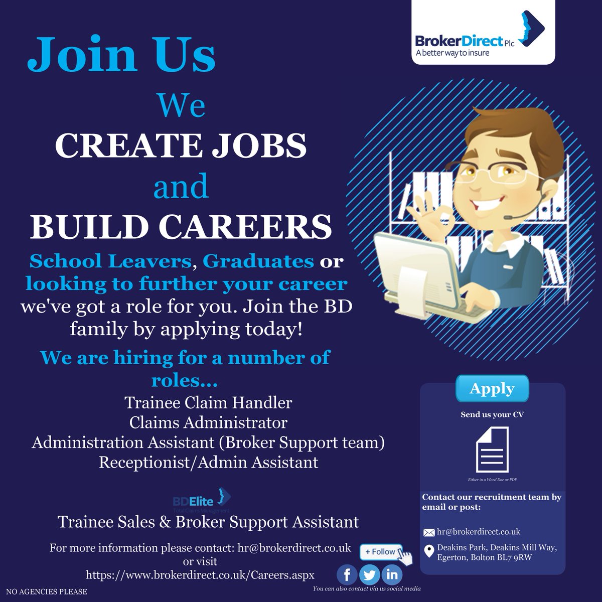 BrokerDirectPlc's tweet photo. We currently have several #vacancies available  Join the team by applying today! #Careers #Job #Bolton https://t.co/hrPHYw7K3Y