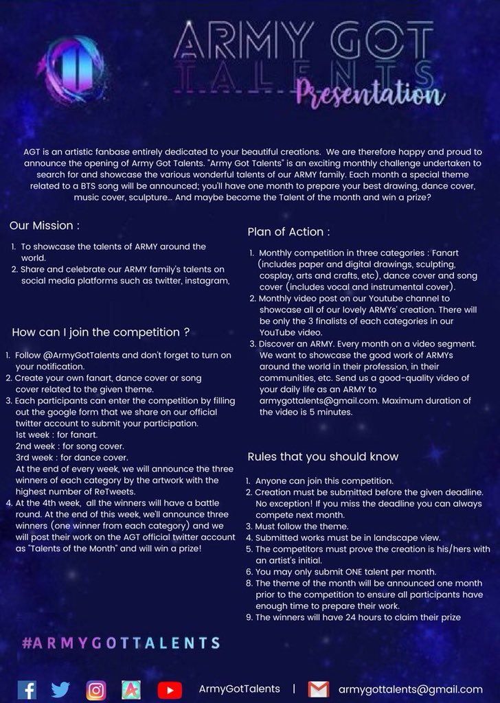 ArmyGotTalents's tweet photo. @bts_bighit #BTSArmy!

We are glad to introduce you to @ArmyGotTalents, a project made to give the ARMYs all around the world an opportunity to showcase their talents. AGT is not only limited to arts but also to support our boys &amp; show the world what ARMYs got!

#ArmyGotTalents💫
@BTS_twt https://t.co/4zE8QisAt2