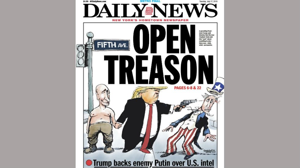 thehill's tweet photo. Trump's hometown paper shows him shooting Uncle Sam in the head after Putin summit https://t.co/QtLoSG0RHP https://t.co/XgdfCUX6SC