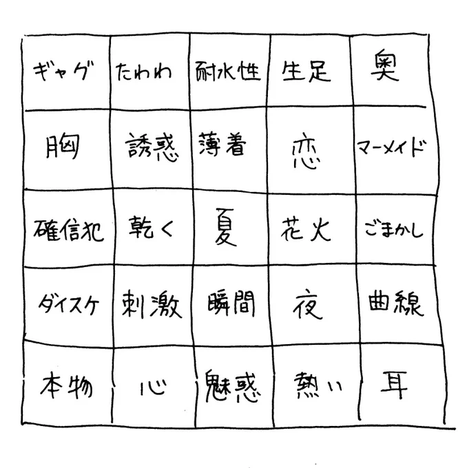 ★カラオケ歌詞ビンゴ大会★

参加者は様々な単語を5×5に配置してビンゴカードを作ろう！カラオケをしていく中で歌詞の中に出てきた単語にチェックを入れていき先にビンゴになった人が勝者だ！ 