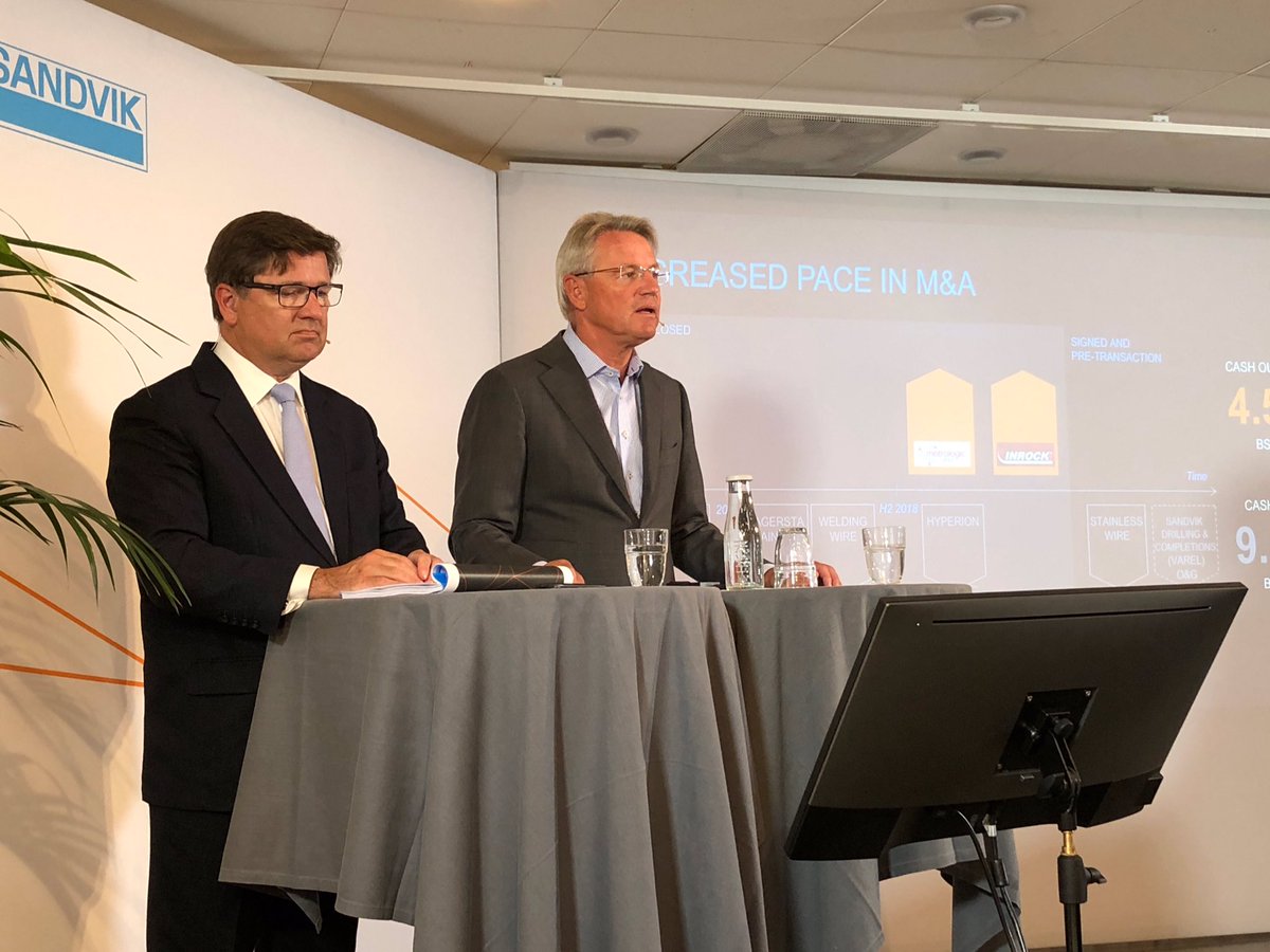 SandvikGroup's tweet photo. CFO Tomas Eliasson and CEO Bjรถrn Rosengren at live press Conference presenting the result of #q22018 "Sandvik is developing in a good way" #recordquarter #sandvik https://t.co/OTiSenOkit