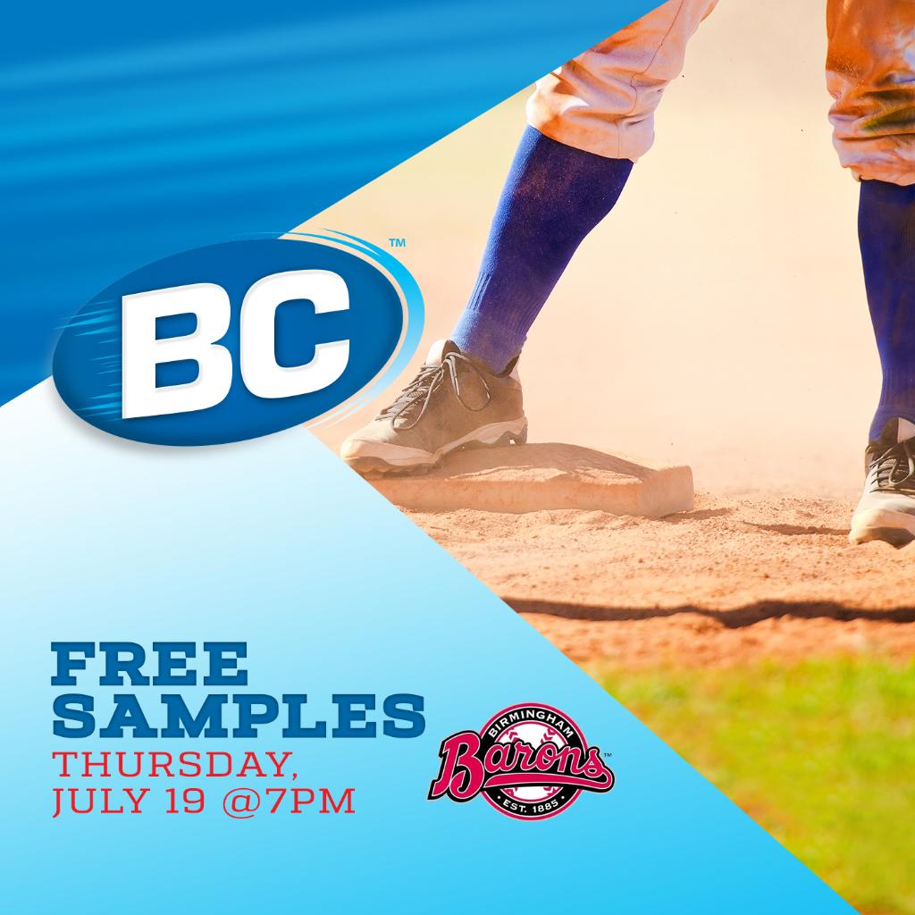 BCPowders's tweet photo. Don't let pain make you miss a minute of America’s favorite pastime! Catch us at the @BhamBarons game this Thursday for free BC® samples after the game. https://t.co/gOV3lnfHJ4