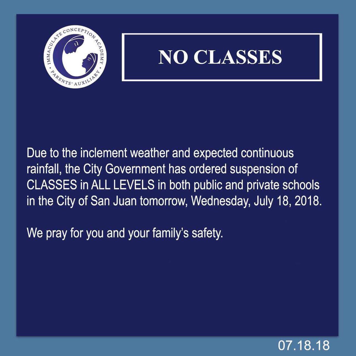 ICA_SC's tweet image. good evening!

due to class suspension tomorrow, our first club day will be moved to next week Wednesday (July 25,2018) 

stay safe and dry, ICAns 💙