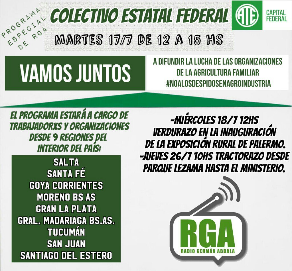 radiogabdala's tweet photo. Hoy de 12 a 15 hs
Colectivo Estatal Federal
Para 📢difundir el #Verdurazo que llevarán a cabo las organizaciones de la Agricultura Familiar en la apertura del predio ferial 🐄🐖de Palermo el 18/7 a las 12 hs.
Escuchanos acá https://t.co/XPu5yKgnnb
#BuenMartes https://t.co/wwUXZCL2eW