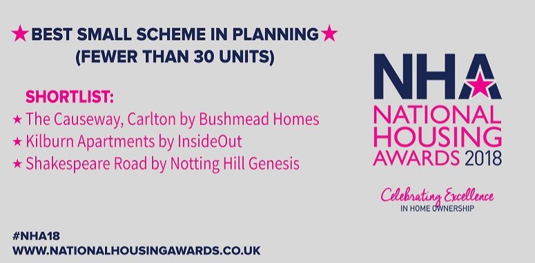 Best Small Scheme in Planning (fewer than 30 units) is up next! And our shortlisted candidates are Bushmead Homes, @InsideOut_Archi and <a href="/NHGhousing/">Notting Hill Genesis</a>!🎉 #NHA18 #CelebratingExcellence