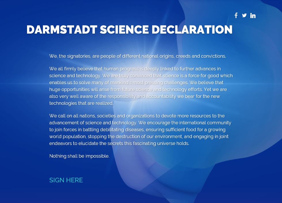 merckgroup's tweet photo. The Darmstadt Science Declaration is a global call to action to devote more resources to the advancement of science &amp; technology. Everybody is cordially invited to sign this declaration now at https://t.co/CAJP1t9UYh. #curious2018 https://t.co/WzE71ZfdLi
