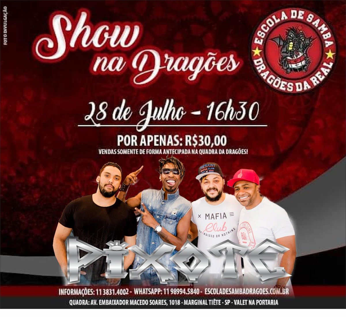 Ficou de fora da feijoada? Olha aí uma grande oportunidade pra que você possa acompanhar o show do  Grupo Pixote. 
Vendas somente antecipadas na Caverna do Dragão. Venha fazer parte desta grande festa.
#ÉTEMPODESERFELIZ