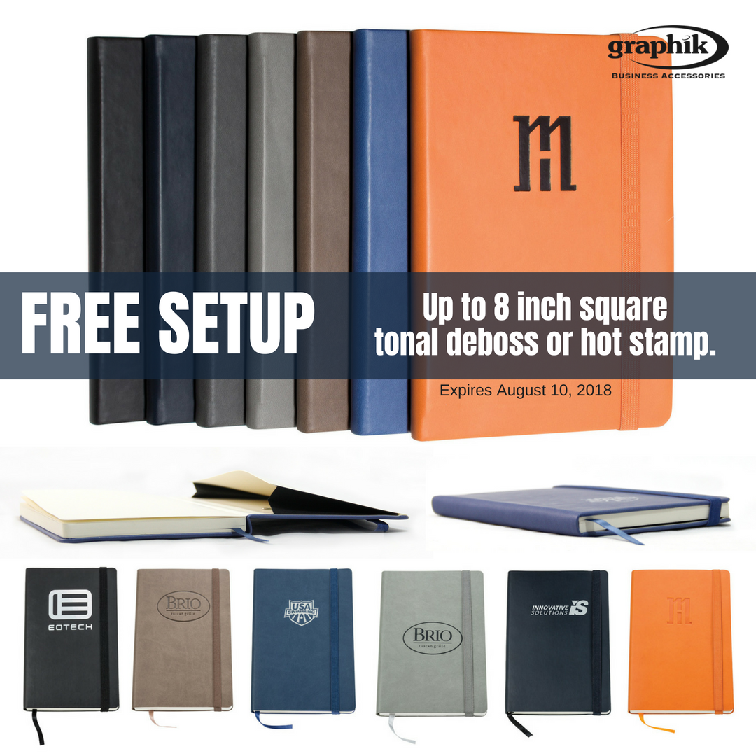 GraphikBusiness's tweet photo. Journaling is in!  These medium hard cover journals can be hot stamped or decorated with tonal deboss and make an excellent trade show or corporate gift.  FREE Setup through Aug 10th.  (7 color choices) https://t.co/MBStKYpYAY https://t.co/wj6xtdBek8